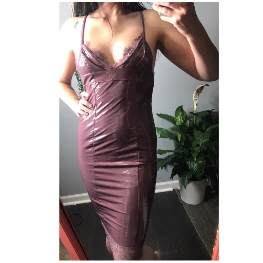 Fashion Nova | Purple lace trim wet vinyl midi dress spaghetti strap •